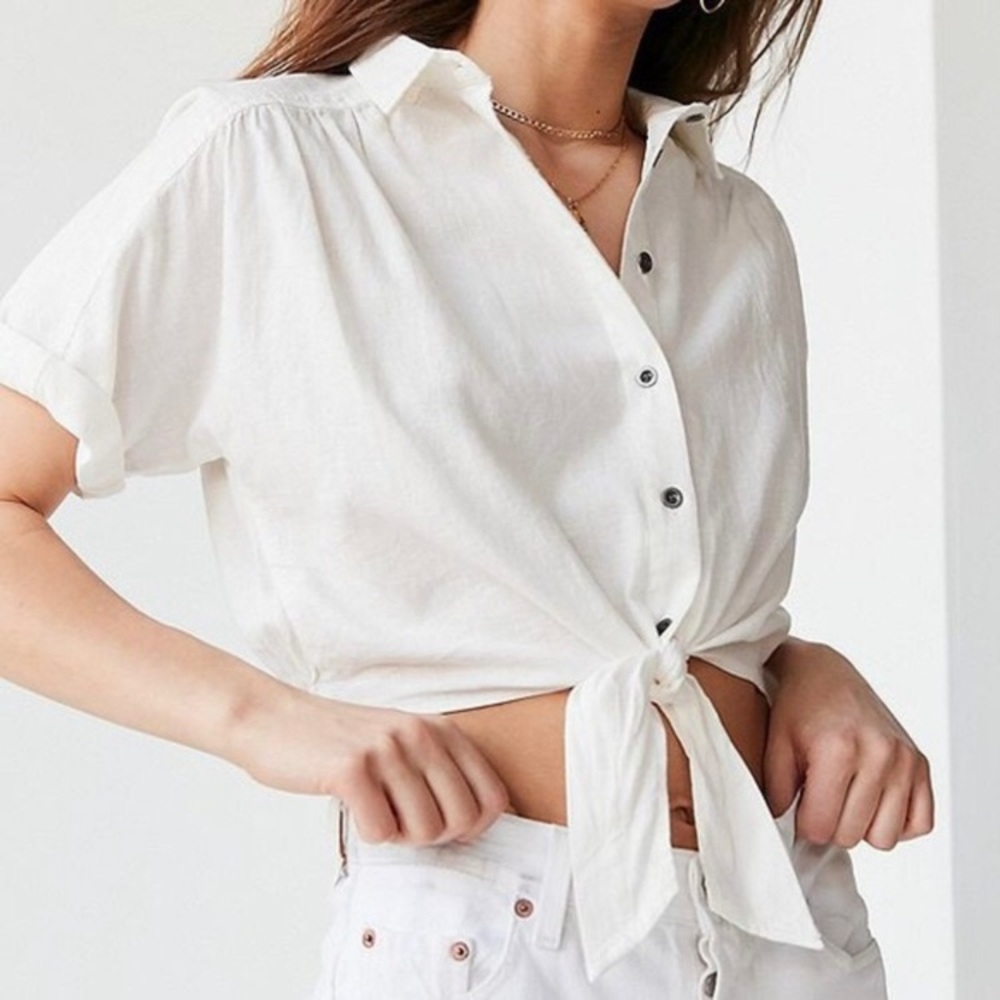BDG White Linen Blend Jenna Tie Front Crop Top Small Button Down